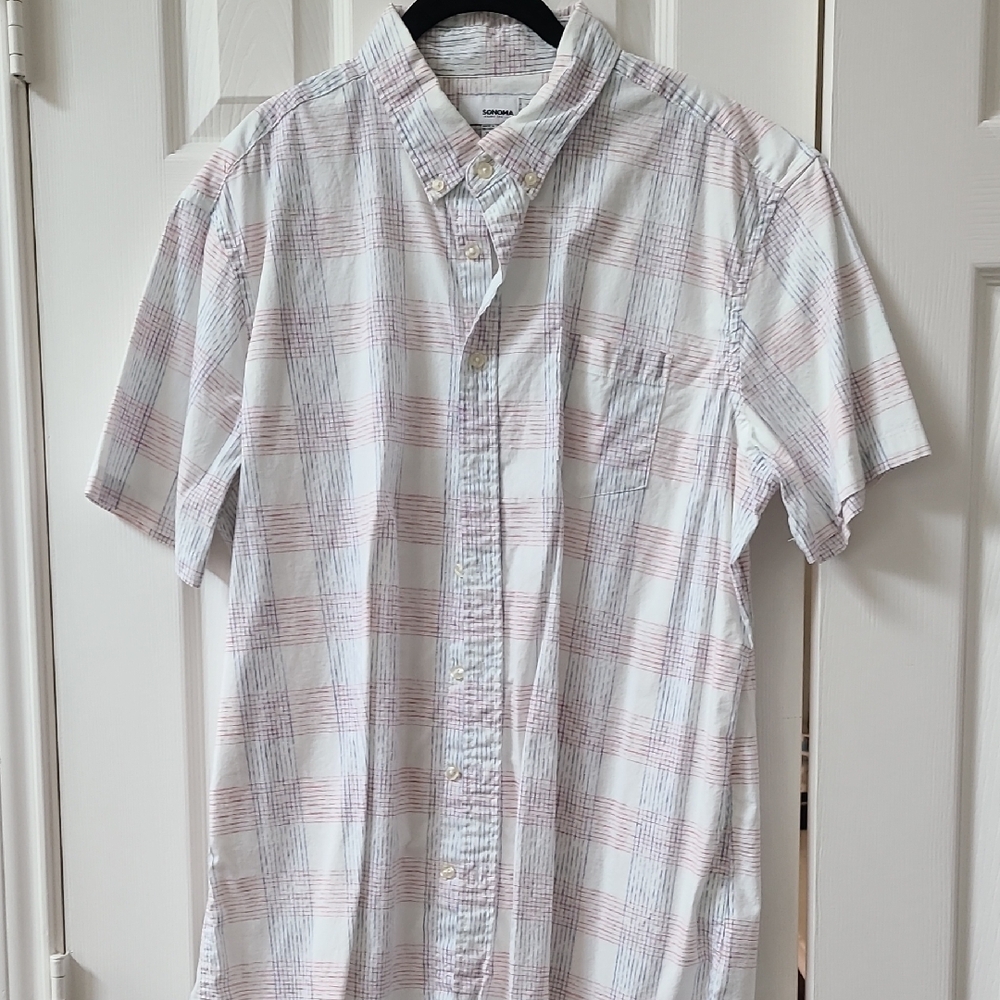 Men's White and Red Plaid Shirt